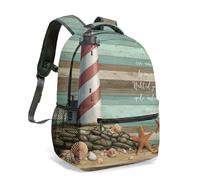 Lighthouse Nautical Print Backpack 16 Inch Retro Illustration Seaside Starfish Beach Bag for School Kids Children Travel (03)