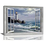 Lighthouse Nautical Wall Art Coastal Beach Pictures Wall Decor Ocean Canvas Prints Window Decorations Painting Framed Artwork Office Home Decor For Bathroom Bedroom Dining Living Room 16"x12"