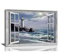 Lighthouse Nautical Wall Art Coastal Beach Pictures Wall Decor Ocean Canvas Prints Window Decorations Painting Framed Artwork Office Home Decor For Bathroom Bedroom Dining Living Room 24"x16"