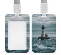 Lighthouse Ocean Id Badge Holder with Lanyard, Clear Vertical Card Protector Waterproof, Breakaway Safety Neck Strap, Heavy Duty Name Tag Holder for Nurse Teacher Officer Staff Women Men
