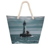 Lighthouse Ocean Large Tote Bag for Women, Waterproof Durable Beach Bag with Hemp Rope Handle, Multifunctional Hemp Rope Shopping Bag for Beach Park Travel Work Daily Use