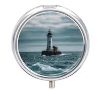 Lighthouse Ocean Pill Box Small Round Pill Case Portable Travel Pill Container Multi-Functional Moisture Proof Metal Medicine Pill Organizer Box for Vitamins Fish Oil