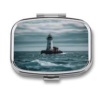 Lighthouse Ocean Pill Organizer with 2 Compartments Metal Square Pill Case Small Pill Box Portable Medicine Box Slim Travel Pill Container Medicine Organizer for Daily Use