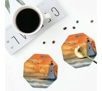 Lighthouse Ocean Sea Coasters for Drinks 4 Pack Non-slip Leather Coasters Round cup mat for home Tabletop Decor 10 cm
