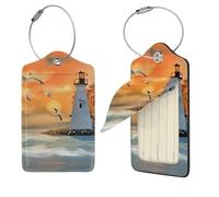 Lighthouse Ocean Sea Print Luggage Tag Leather with Stainless Steel Loop Privacy Cover Name ID Labels for Women Men