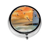 Lighthouse Ocean Sea Print Round Pill Organizer 3 Compartment Pill Box Portable Medicine Pill Case for Outdoor Travel