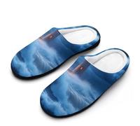 Lighthouse Ocean Storm Thunder Cotton Women's Slip-on Slippers Winter Warm House Shoes with Rubber Sole for Home Office Hotel