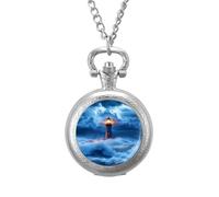 Lighthouse Ocean Storm Thunder Men's Pocket & Fob Watches Silent Ticking Quartz Alloy Chain Watch for Daily Use Silver-Style
