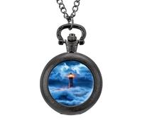 Lighthouse Ocean Storm Thunder Men's Pocket & Fob Watches Silent Ticking Quartz Alloy Chain Watch for Daily Use Black-Style
