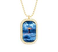 Lighthouse Ocean Storm Thunder Women's Alloy Long Necklaces Square Pendant Ladies Diamond Necklace Jewelry Gift Golden-style