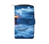 Lighthouse Ocean Storm Thunder Women's Leather Wallets Compact Long Clutch Purse for Work Travel Daily Use
