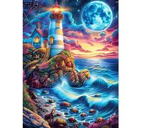 Lighthouse on A Coastal Cliff Under The Moon 500 Piece Jigsaw Puzzle for Adults Science Fiction Magical Dream Kitchen Wall Decor Art Project Precision Cut Great Gift for Art Lovers 500 PCS