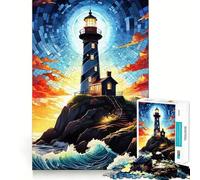 Lighthouse on A Rocky Coast Jigsaw Puzzles 1000 Pieces for Adults Stress Relief Firm Cut Fun Play Premium Gift (38x26cm)