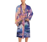 Lighthouse on An Island Mens Bathrobe Long Bath Robe Warm Spa Robe Nightgown Soft with Waist Belt