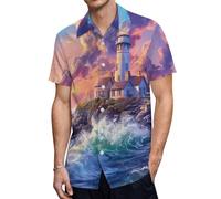 Lighthouse on An Island Men's Button Down Shirt Casual Short Sleeve Shirts Beach Summer Shirt with Pocket