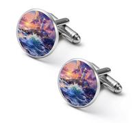 Lighthouse on An Island Mens Classic Cufflinks Custom Shirt Cuff Links Jewelry Accessories for Business Wedding 0.7" 0.8"