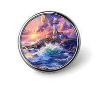 Lighthouse on An Island Round Brooch Pin Lapel Pins Tie Suit Dress Accessories Wedding Birthday For Men Women
