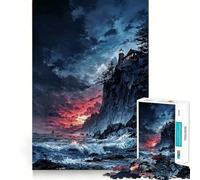 Lighthouse on Cliff at Sunset 1000 Pieces Puzzles for Adults Serene Game Quality Print Pattern Build Home Display (50x75cm)