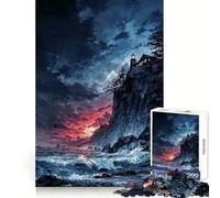 Lighthouse on Cliff at Sunset 1000 Pieces Puzzles for Adults Serene Game Quality Print Pattern Build Home Display (50x75cm)