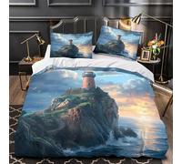 Lighthouse on Cliff Duvet Cover 3D Print All Season 3-Piece Bed Set Hidden Zipper Coastal Sunset Scene Comforter Cover Premium Breathable for Teens Adults Kids Women Girls Boys Single（140x200cm）