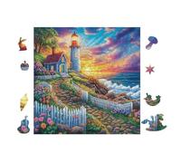 Lighthouse on Coastal Path 100 Pieces Set Classic Jigsaw Puzzle Teen Fans 14-18 Yrs Logic Skill Leisure Adventure Valentines Gift Smooth Wooden Cardboard 28x28cm