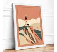 Lighthouse on Rocky Cliffs Coastal Framed Wall Art Print A2 (59.4×42cm) White, Wall Decor for Living Room, Bedroom, Office & Home, Ready to Hang, Art Gift