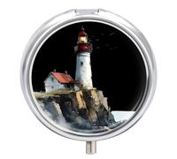 Lighthouse on Rocky Cliffs Round Pill Box Organiser 3 Compartment Medicine Case
