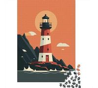 Lighthouse on Rocky Coastline Illustration Jigsaw Puzzle 1000 Pieces, Vintage Architecture Destination, 1000 Pieces for Adults, Family Night Game for Families, Gift Idea, 38x26cm/1000pcs