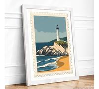 Lighthouse on Rocky Shore Vintage Framed Wall Art Print A2 (59.4×42cm) White, Wall Decor for Living Room, Bedroom, Office & Home, Ready to Hang, Art Gift