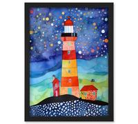 Lighthouse On Starry Night Folk Art Watercolour Painting Artwork Framed Wall Art Print A4 Artery8 Black One Size