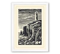 Lighthouse on Stone Coastal Framed Wall Art Print A1 (84.1×59.4cm) White, Wall Decor for Living Room, Bedroom, Office & Home, Ready to Hang, Art Gift