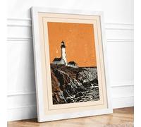 Lighthouse on Stone Coastal Framed Wall Art Print A4 (29.7×21cm) White, Wall Decor for Living Room, Bedroom, Office & Home, Ready to Hang, Art Gift