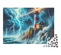 Lighthouse on Stormy Coast 1000 Piece Jigsaw Puzzle Paper for Adults Night Thunderstorm Scene Puzzle Game for Family Relaxation Home Decor Gift 38x26cm/1000pcs