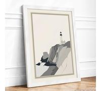 Lighthouse on the Cliff Minimalist Framed Wall Art Print A2 (59.4×42cm) White, Wall Decor for Living Room, Bedroom, Office & Home, Ready to Hang, Art Gift