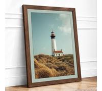 Lighthouse on the Dune Coastal Framed Wall Art Print A3 (42×29.7cm) Walnut, Wall Decor for Living Room, Bedroom, Office & Home, Ready to Hang, Art Gift