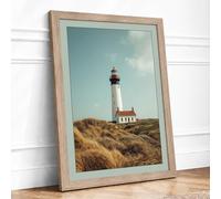 Lighthouse on the Dune Coastal Framed Wall Art Print A4 (29.7×21cm) Oak, Wall Decor for Living Room, Bedroom, Office & Home, Ready to Hang, Art Gift