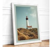 Lighthouse on the Dune Coastal Framed Wall Art Print A4 (29.7×21cm) White, Wall Decor for Living Room, Bedroom, Office & Home, Ready to Hang, Art Gift