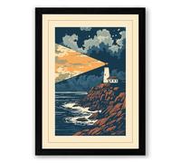 Lighthouse on the Rocks Art Deco Framed Wall Art Print A1 (84.1×59.4cm) Black, Wall Decor for Living Room, Bedroom, Office & Home, Ready to Hang, Art Gift
