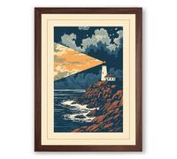 Lighthouse on the Rocks Art Deco Framed Wall Art Print A1 (84.1×59.4cm) Walnut, Wall Decor for Living Room, Bedroom, Office & Home, Ready to Hang, Art Gift