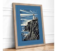 Lighthouse on the Rocks Coastal Framed Wall Art Print A2 (59.4×42cm) Oak, Wall Decor for Living Room, Bedroom, Office & Home, Ready to Hang, Art Gift