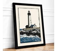 Lighthouse on the Rocks Coastal Framed Wall Art Print A3 (42×29.7cm) Black, Wall Decor for Living Room, Bedroom, Office & Home, Ready to Hang, Art Gift