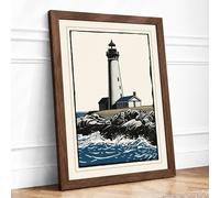 Lighthouse on the Rocks Coastal Framed Wall Art Print A3 (42×29.7cm) Walnut, Wall Decor for Living Room, Bedroom, Office & Home, Ready to Hang, Art Gift