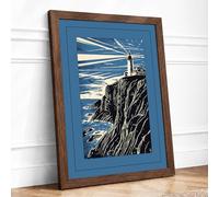 Lighthouse on the Rocks Coastal Framed Wall Art Print A4 (29.7×21cm) Walnut, Wall Decor for Living Room, Bedroom, Office & Home, Ready to Hang, Art Gift