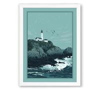 Lighthouse on the Rocks Coastal Framed Wall Art Print A4 (29.7×21cm) White, Wall Decor for Living Room, Bedroom, Office & Home, Ready to Hang, Art Gift