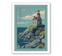 Lighthouse on the Rocks Vintage Framed Wall Art Print A1 (84.1×59.4cm) White, Wall Decor for Living Room, Bedroom, Office & Home, Ready to Hang, Art Gift
