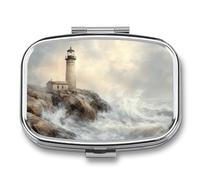 Lighthouse on The Rocky Coastline Vintage Pill Box 2 Compartment Portable Medicine Pill Case Travel Pill Organizer for Pocket Purse