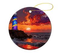 Lighthouse on The Seaside Christmas Ornaments Personalized Christmas Tree Ornaments Round Ceramic Xmas Pendant Keepsake Gift Ornament for Xmas Tree Winter Holiday