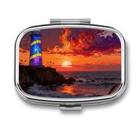 Lighthouse on The Seaside Pill Box Travel Pill Organizer 2-Compartment with Mirror Design Portable Square Medicine Case for Vitamins, Jewelry & Essentials Durable Pocket Pillcase for Purse, Camping