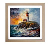 Lighthouse Palette Knife Painting Framed Print | 18x18 Inch Oak Framed Wall Art | Ready to Hang | Modern Cityscape Picture | Living Room Bedroom Lounge Office