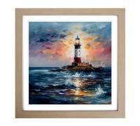 Lighthouse Palette Knife Painting No.5 Framed Print | 18x18 Inch Oak Framed Wall Art | Ready to Hang | Modern Cityscape Picture | Living Room Bedroom Lounge Office